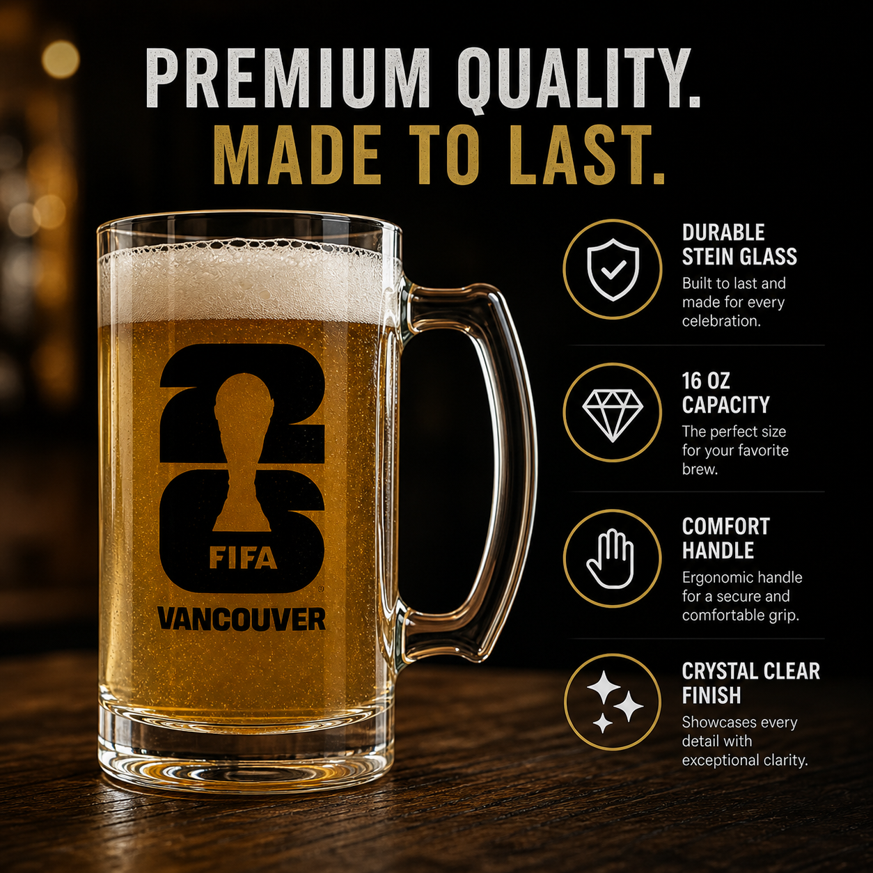 FIFA World Cup 2026 clear 16oz glass beer stein with Vancouver host city decorative logo — view 4