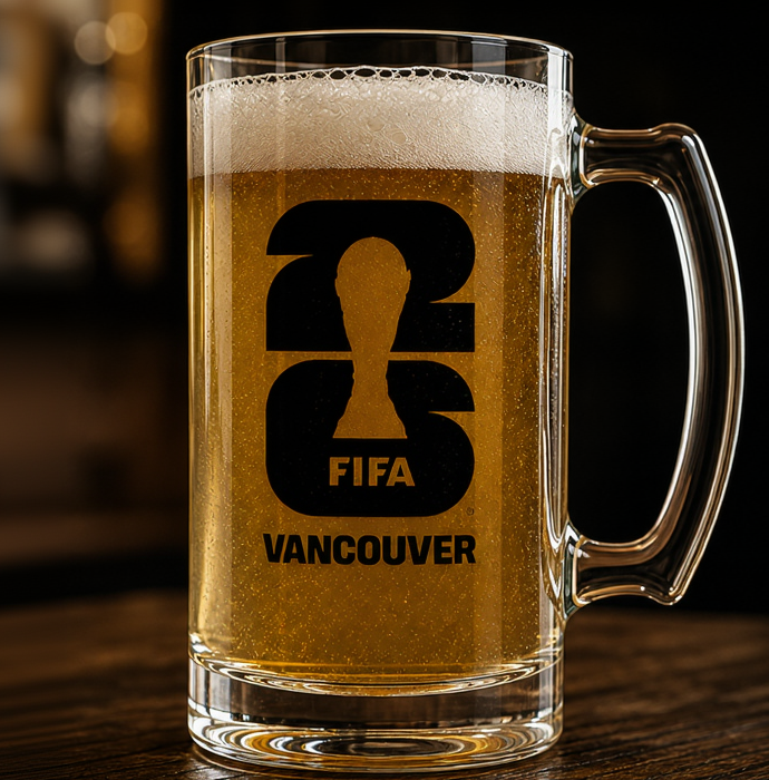 FIFA World Cup 2026 clear 16oz glass beer stein with Vancouver host city decorative logo