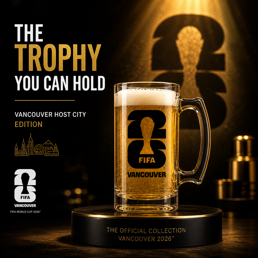 FIFA World Cup 2026 clear 16oz glass beer stein with Vancouver host city decorative logo — view 2