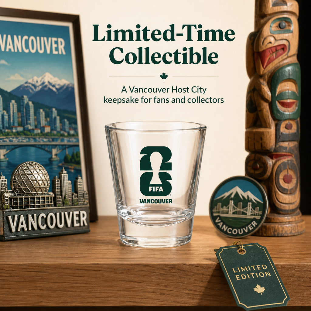 Official green Vancouver FIFA World Cup 2026 commemorative shot glass for home bar display — view 2
