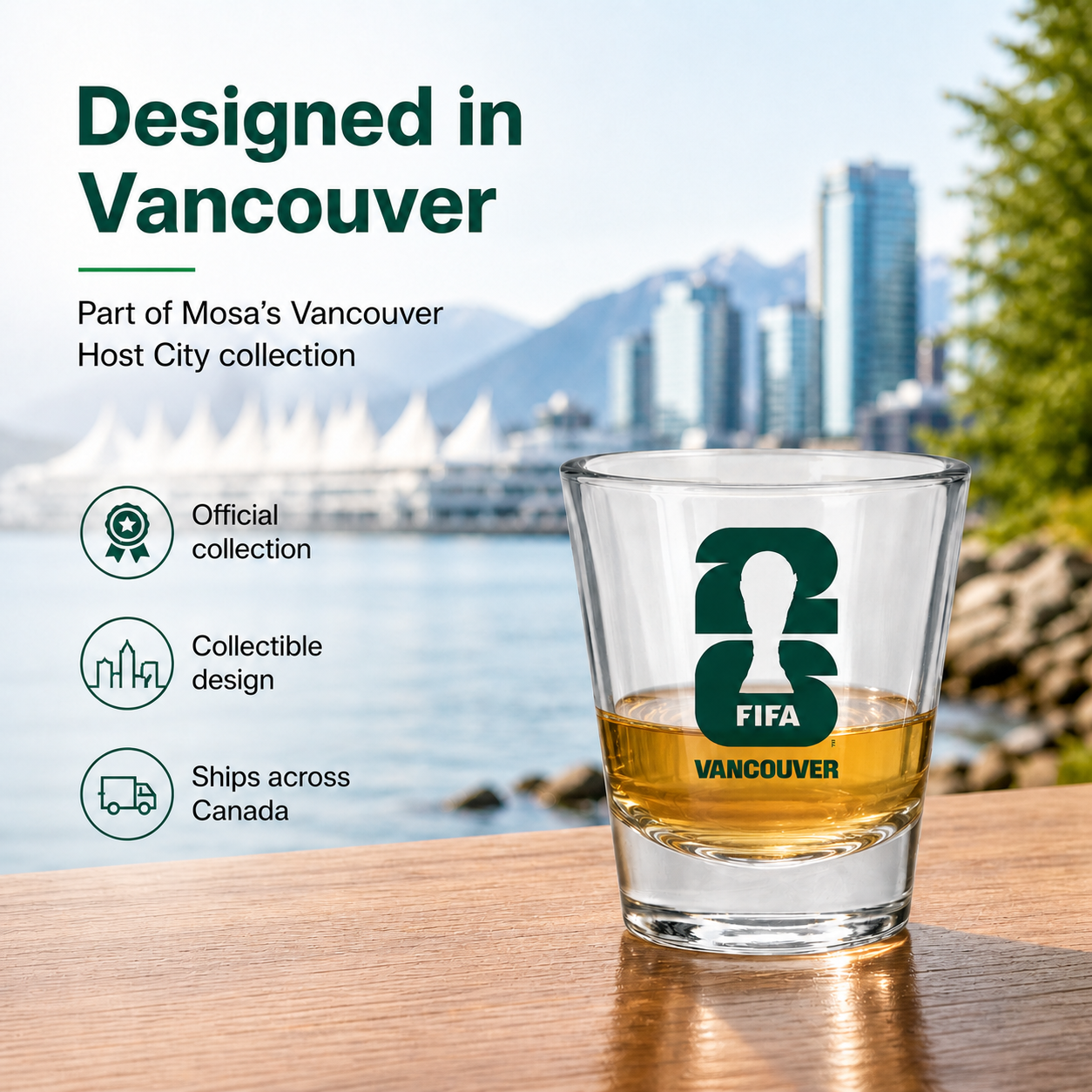 Official green Vancouver FIFA World Cup 2026 commemorative shot glass for home bar display — view 4