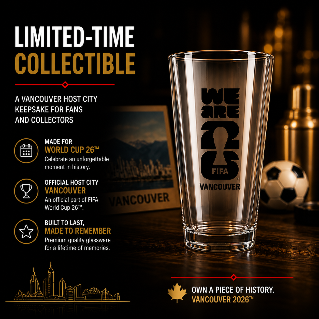 FIFA World Cup 2026 taper beer glass featuring official We Are 26 tournament logo design — view 3