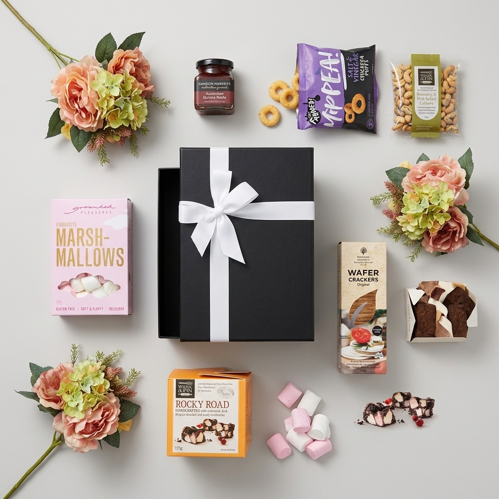 Premium gluten free snack gift hamper in a foldable presentation box with a white bow — view 2