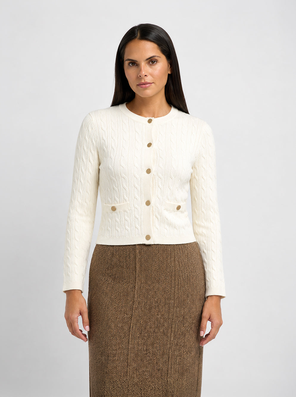 Gold Button Cable Cardigan - Cream-0