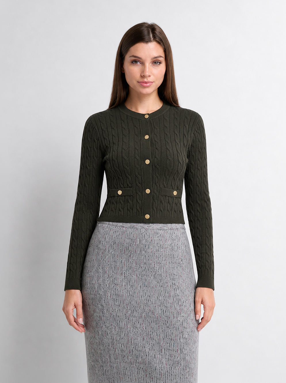 Gold Button Cable Cardigan - Green-0