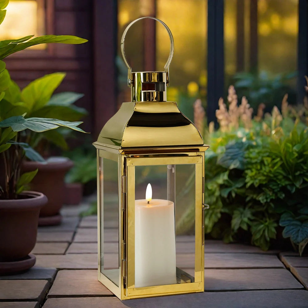 Gold stainless steel 12.5-inch decorative square candle lantern with toughened glass panels and top handle — view 5