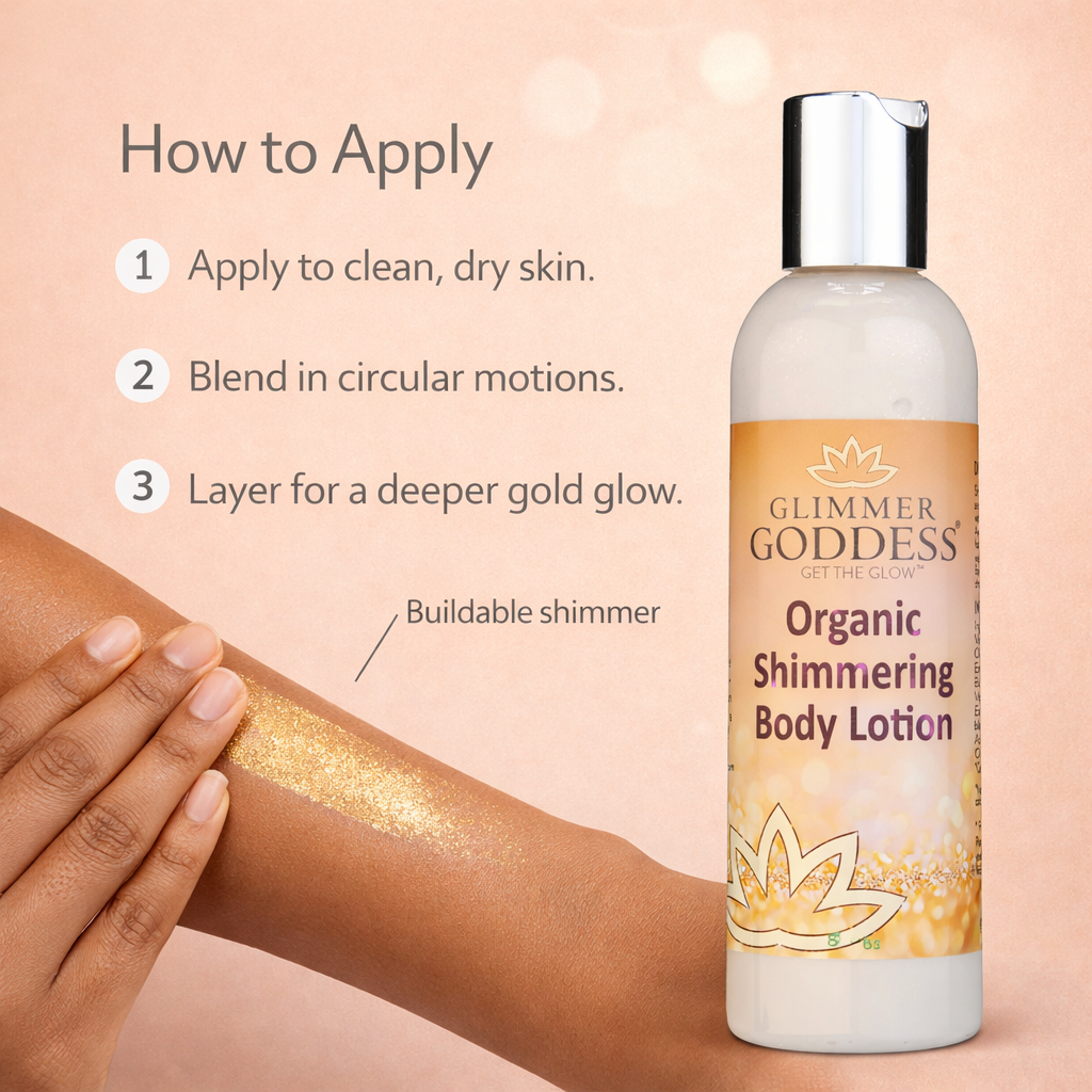 Organic gold shimmer body lotion bottle emphasizing a luminous, universally flattering golden glow finish. — view 2