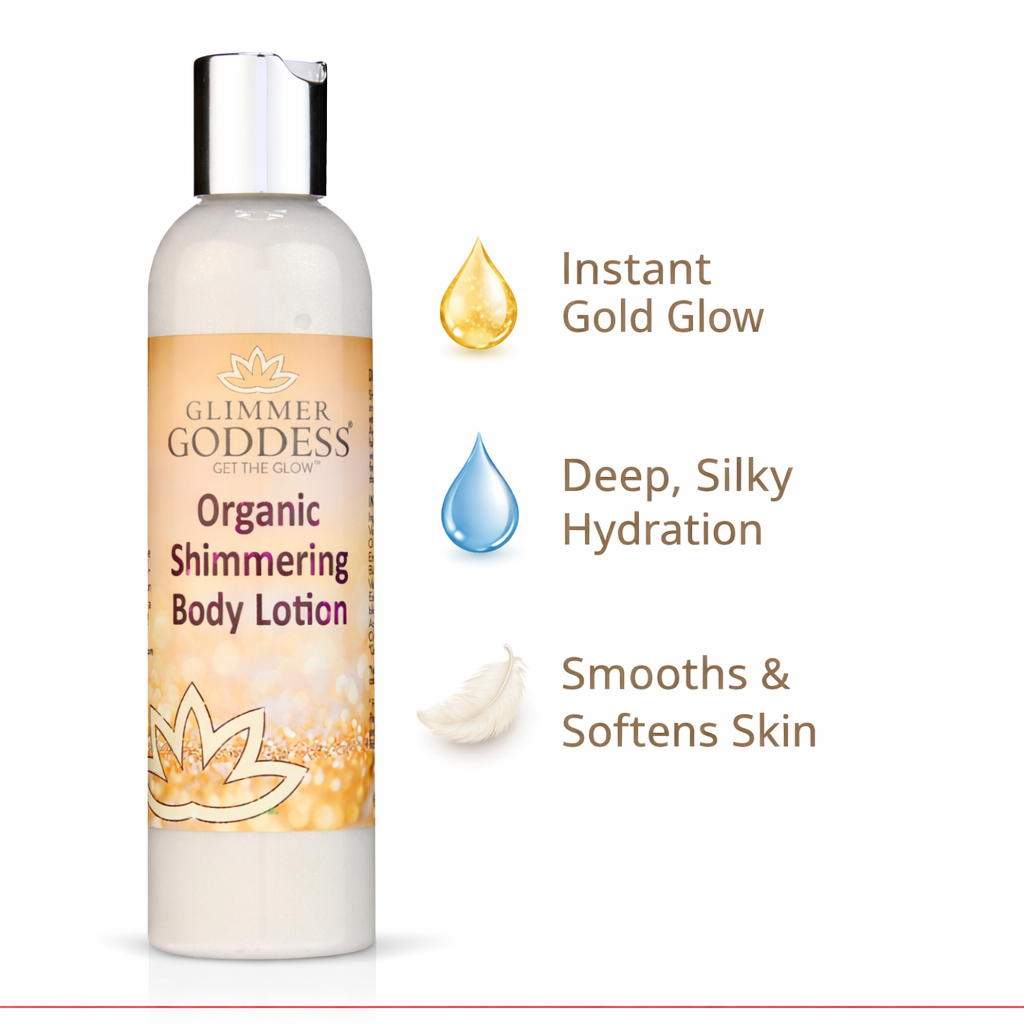 Organic gold shimmer body lotion bottle emphasizing a luminous, universally flattering golden glow finish.