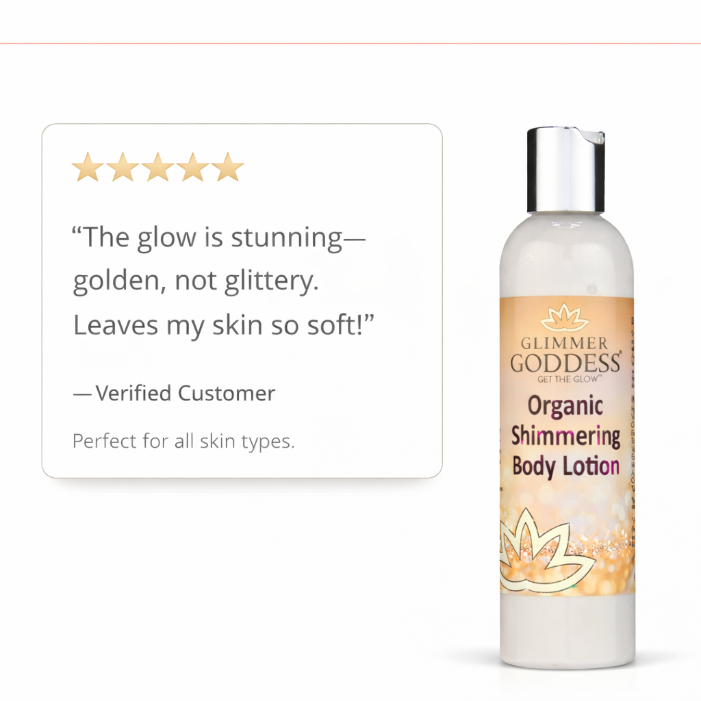 Organic gold shimmer body lotion bottle emphasizing a luminous, universally flattering golden glow finish. — view 3