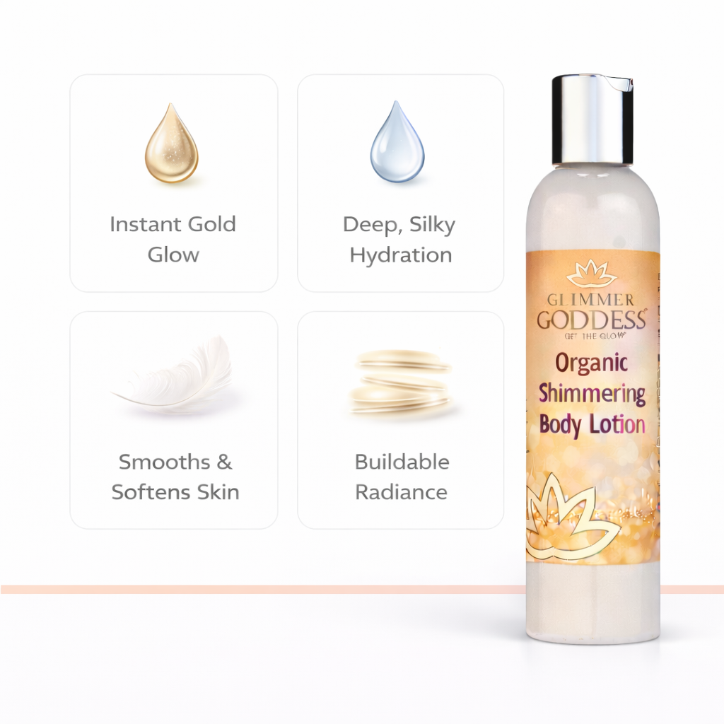 Organic gold shimmer body lotion bottle emphasizing a luminous, universally flattering golden glow finish. — view 5