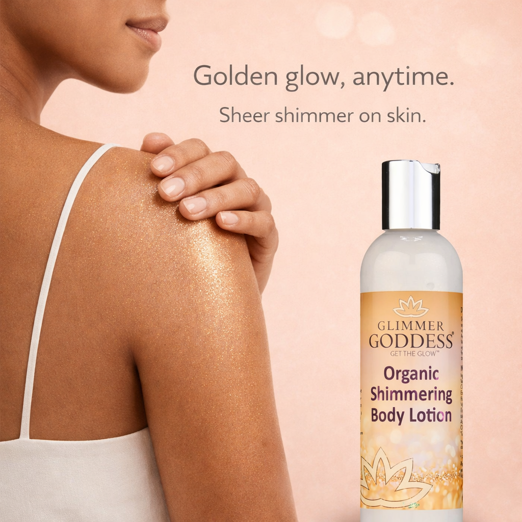 Organic gold shimmer body lotion bottle emphasizing a luminous, universally flattering golden glow finish. — view 4