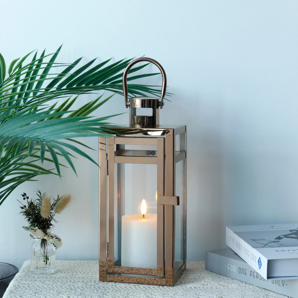 Rose gold decorative candle lantern, 12-inch metal and glass frame with top hanging ring