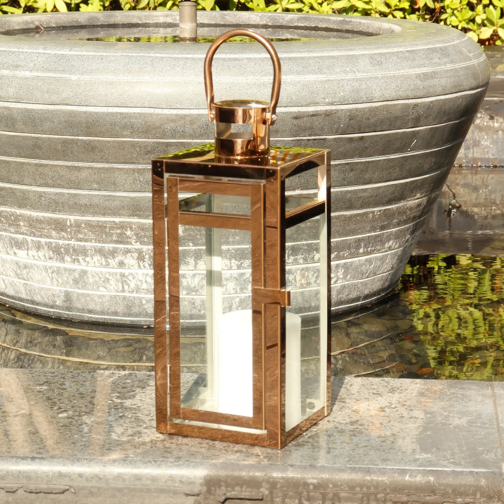 Rose gold decorative candle lantern, 12-inch metal and glass frame with top hanging ring — view 2