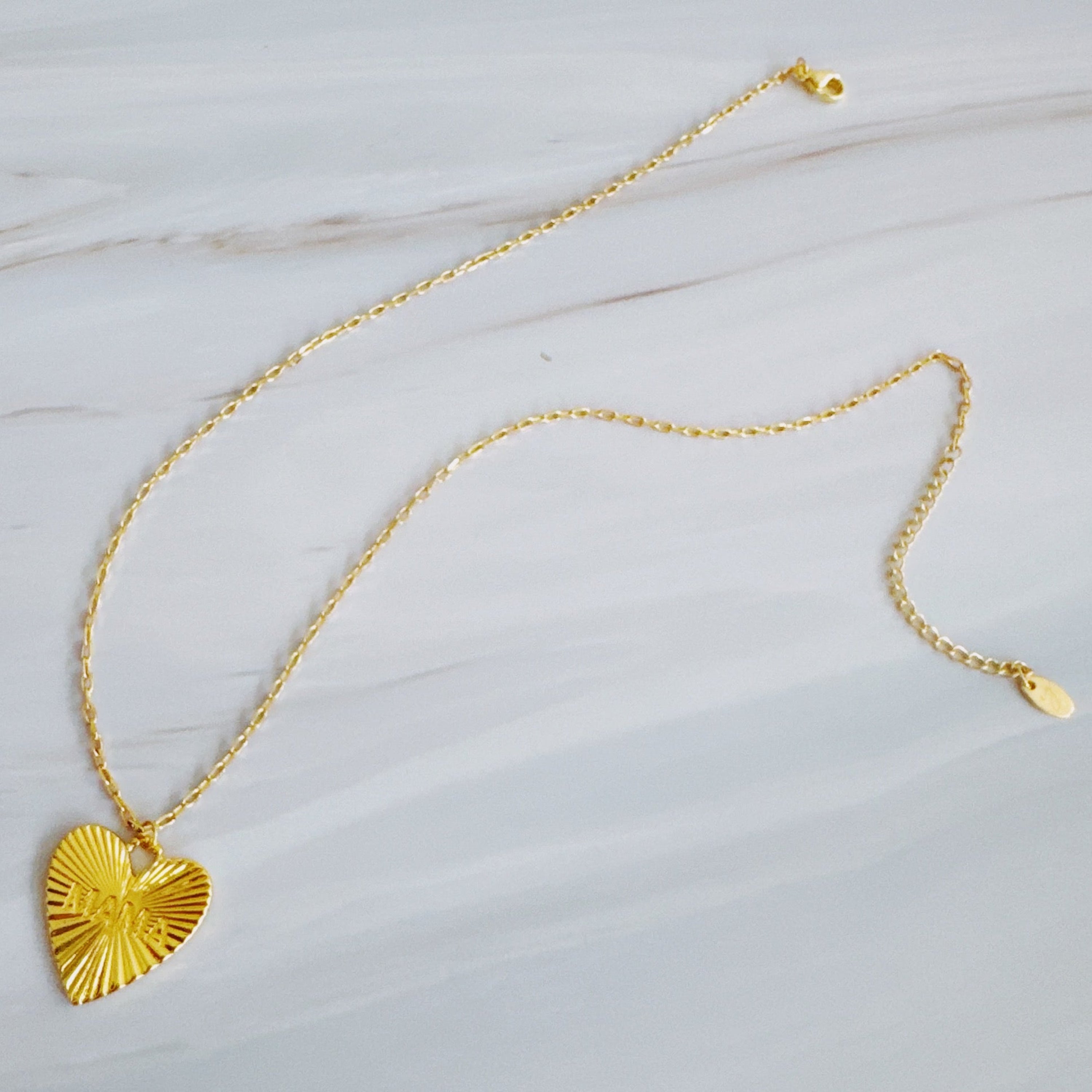 Golden glow mama heart necklace, 18K gold plated brass chain with engraved sunburst pendant. — view 3