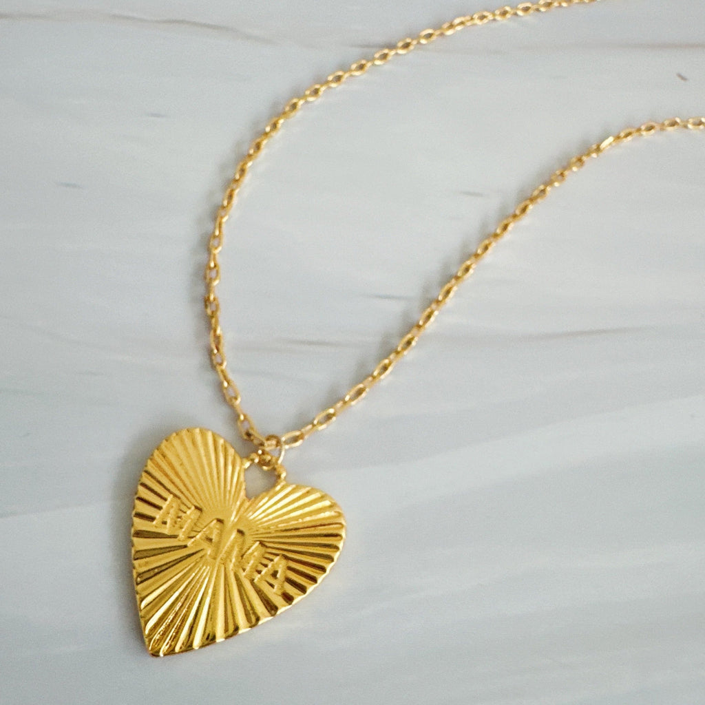 Golden glow mama heart necklace, 18K gold plated brass chain with engraved sunburst pendant. — view 2