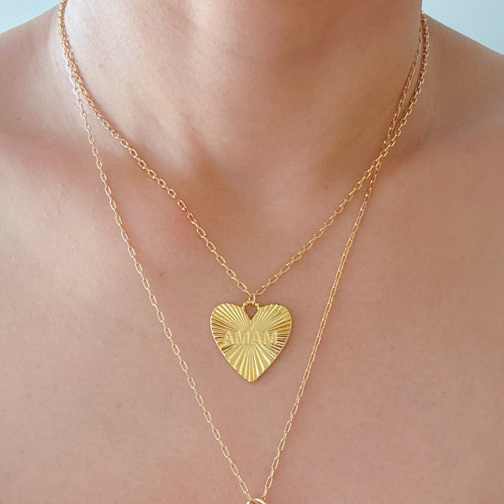 Golden glow mama heart necklace, 18K gold plated brass chain with engraved sunburst pendant. — view 4