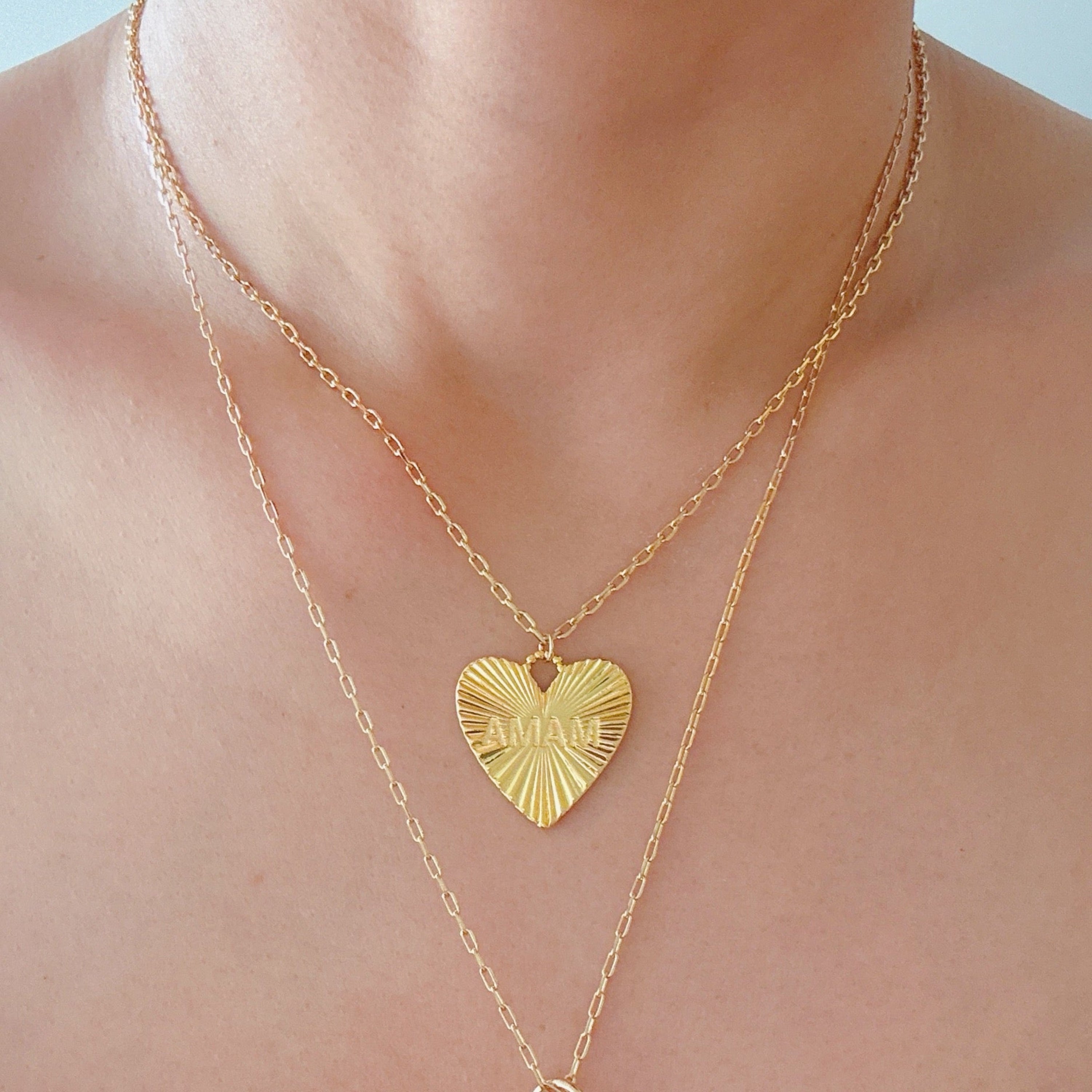 Golden glow mama heart necklace, 18K gold plated brass chain with engraved sunburst pendant. — view 4