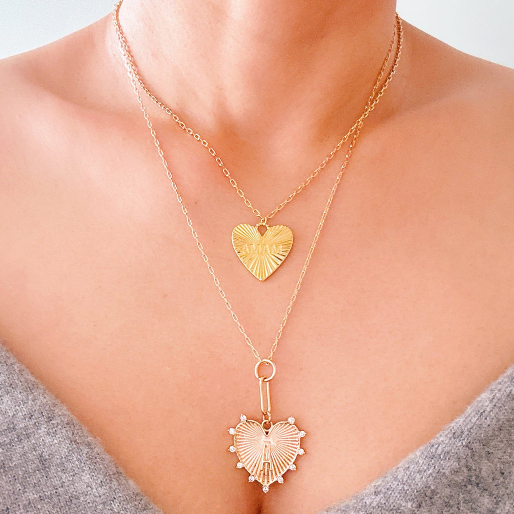 Golden glow mama heart necklace, 18K gold plated brass chain with engraved sunburst pendant. — view 5
