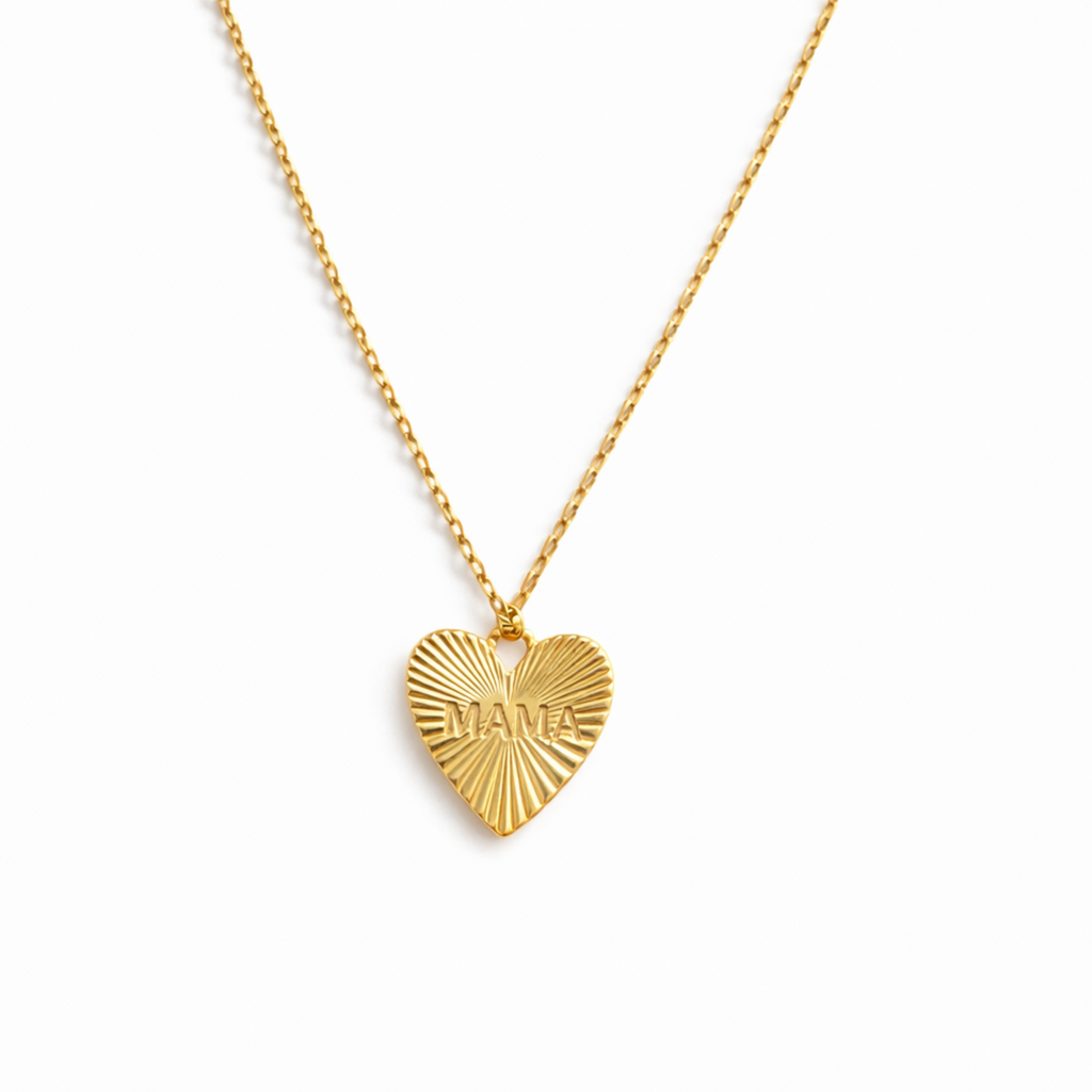 Golden glow mama heart necklace, 18K gold plated brass chain with engraved sunburst pendant.