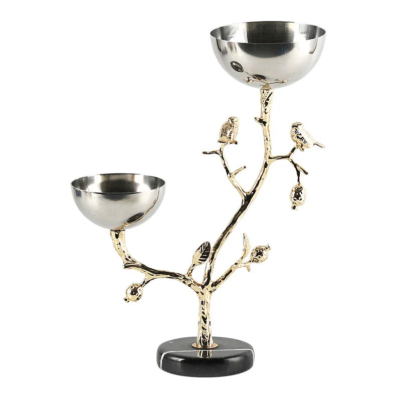 Luxury decorative bowl stand with golden tree bird branches and dual stainless steel serving bowls — view 3