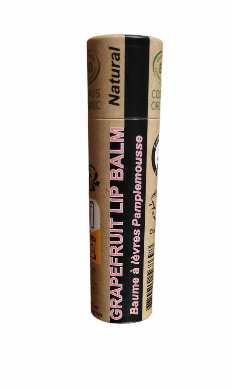 Organic pink grapefruit lip balm in eco-friendly push-up paper tube packaging