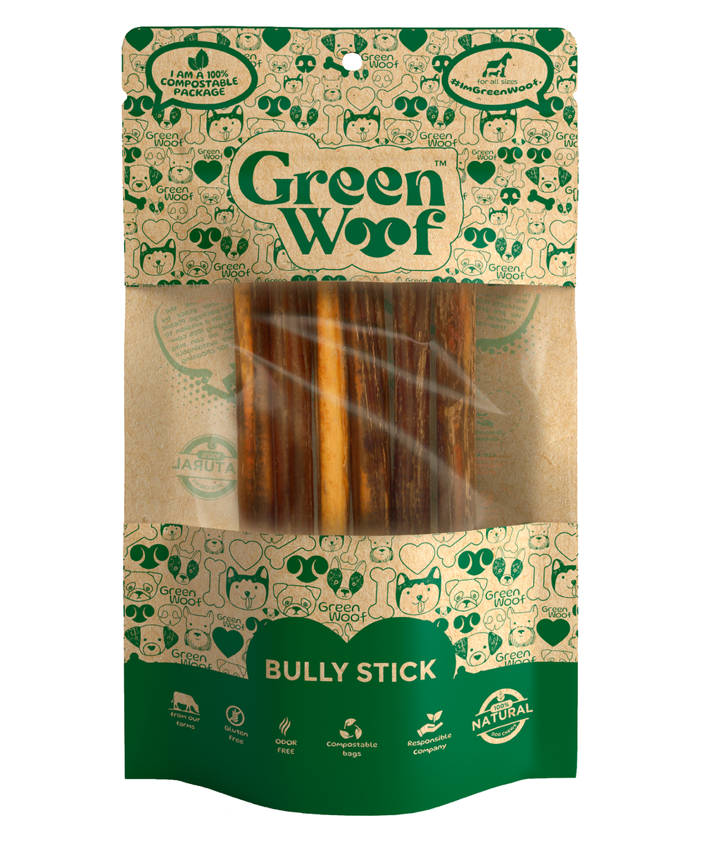 Straight bully sticks natural dog chew in eco friendly green compostable packaging — view 2