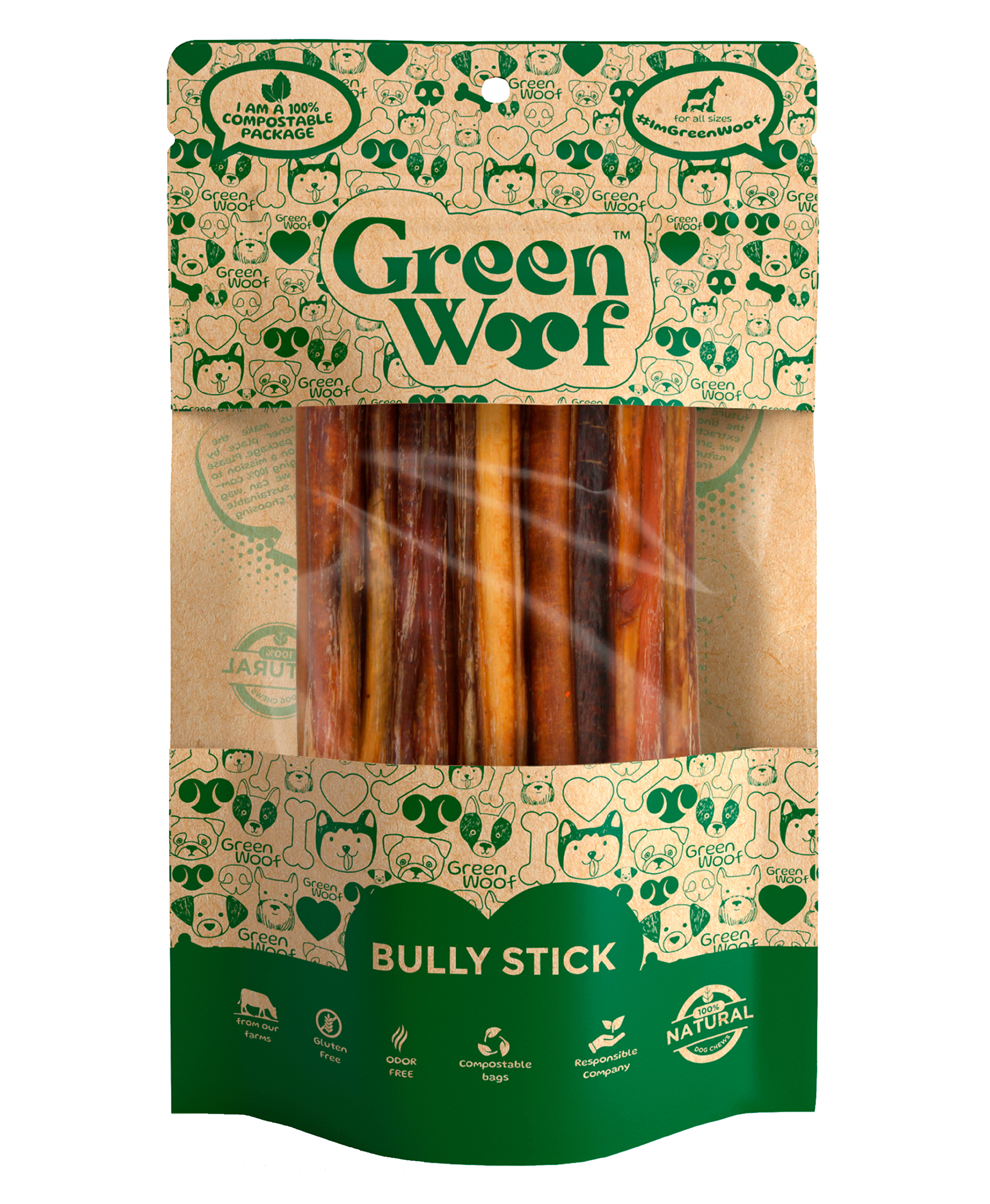 Straight bully sticks natural dog chew in eco friendly green compostable packaging — view 3