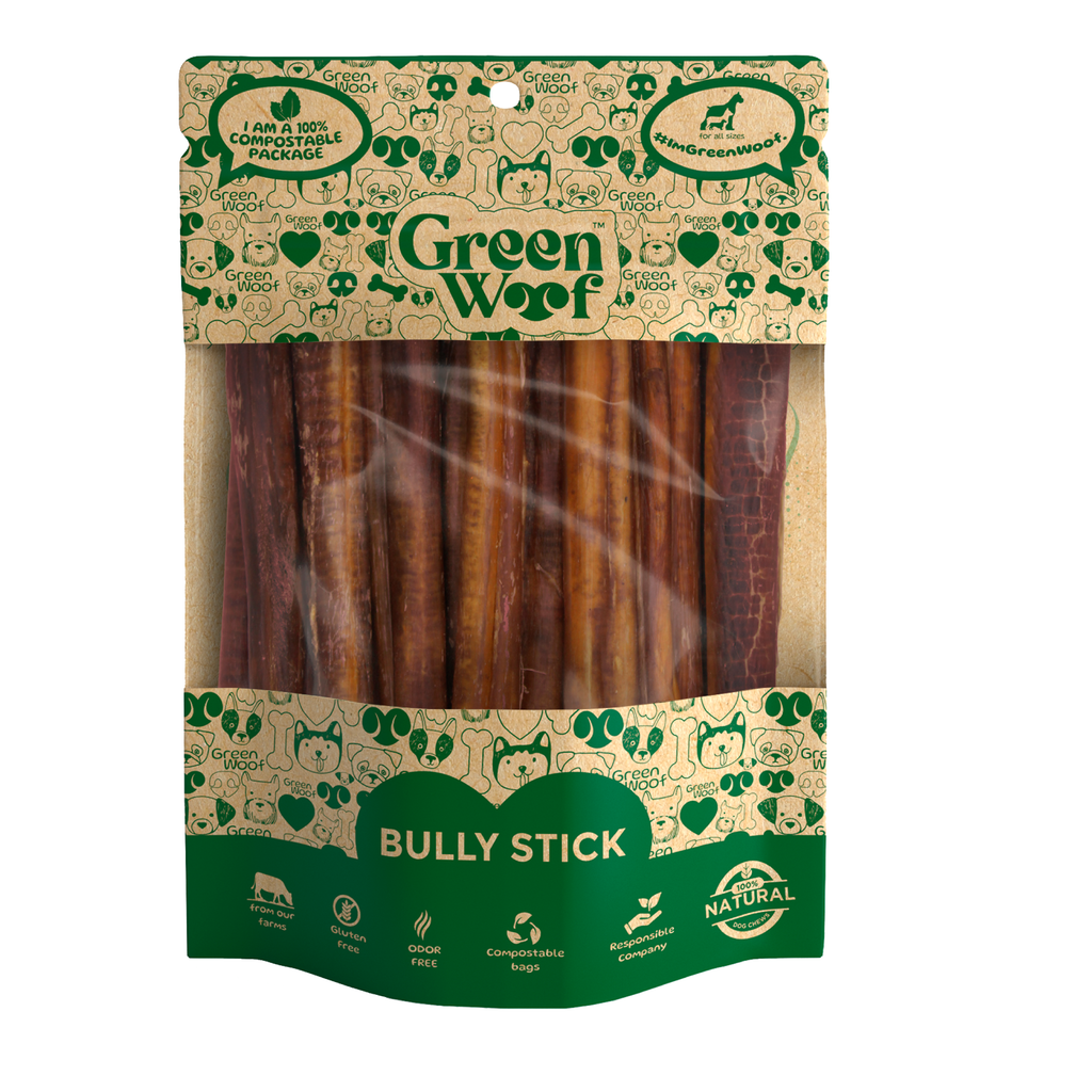 Straight bully sticks natural dog chew in eco friendly green compostable packaging