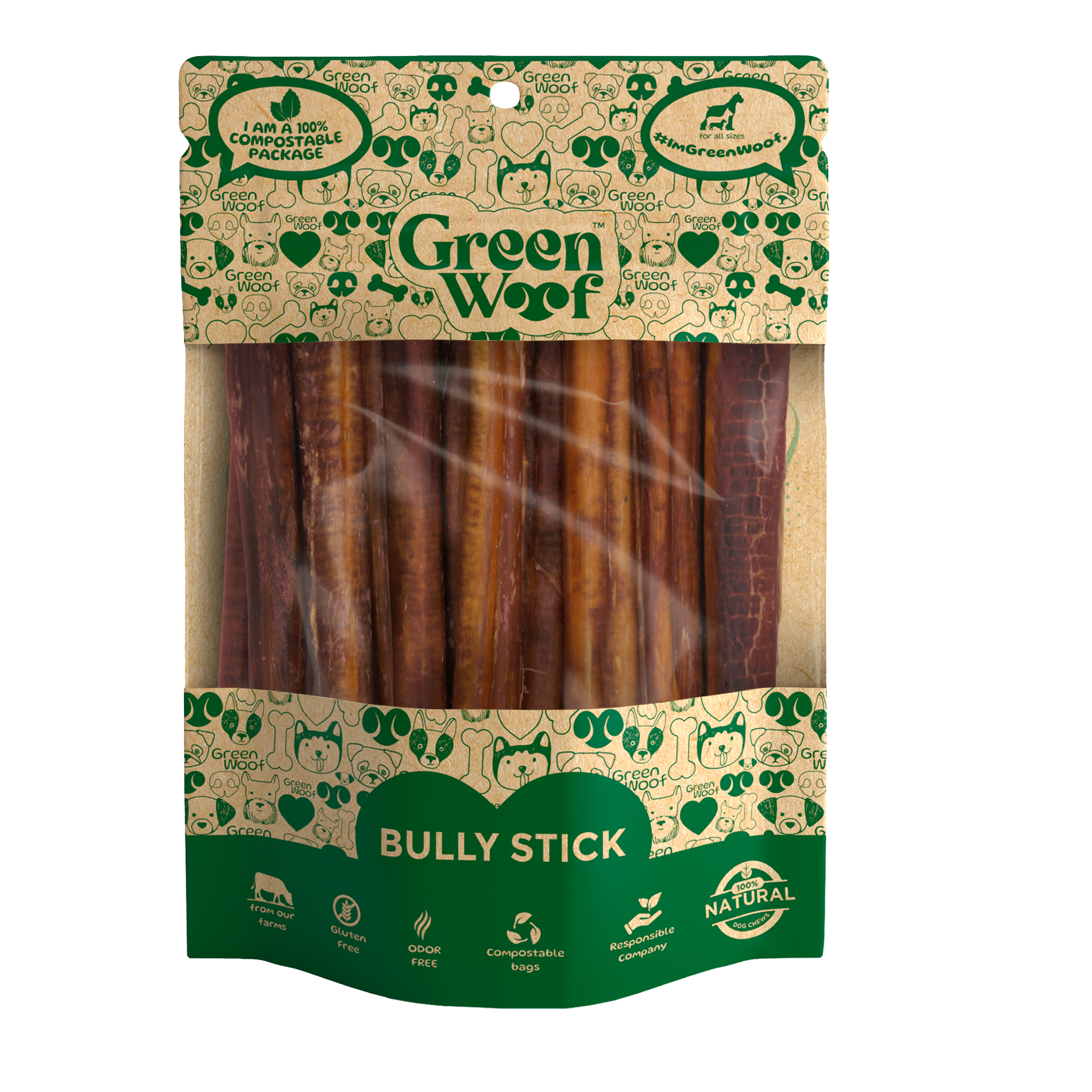 Straight bully sticks natural dog chew in eco friendly green compostable packaging