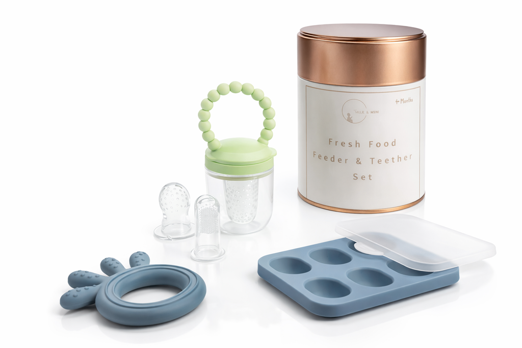 Silicone baby feeder teether toothbrush set with multi-compartment freezer tray and keepsake storage tin — view 4