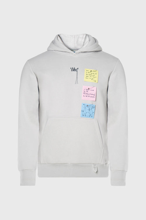 Pullover Sticky Notes Hoodie featuring custom embroidered artwork and interactive removable sticky note appliques