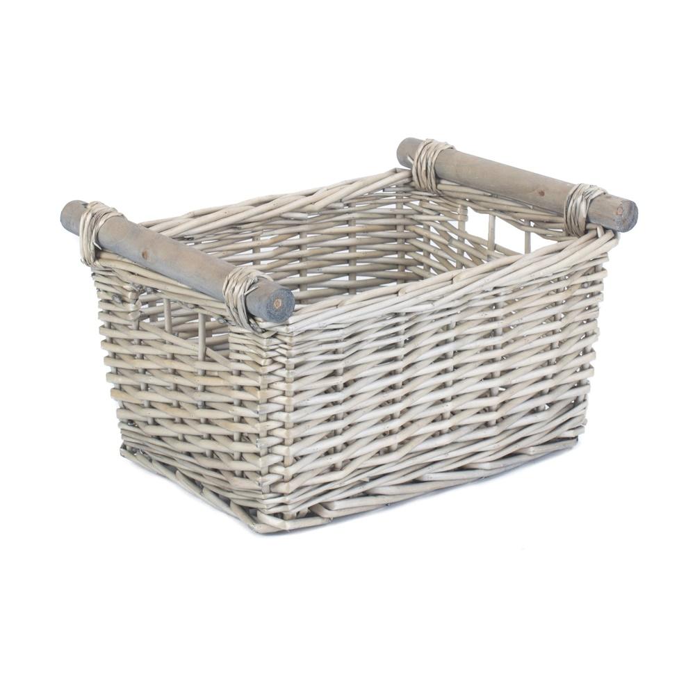 Grey wash wicker storage basket with smooth wooden handles for natural home organization and decor