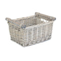 Grey wash wicker storage basket with smooth wooden handles for natural home organization and decor