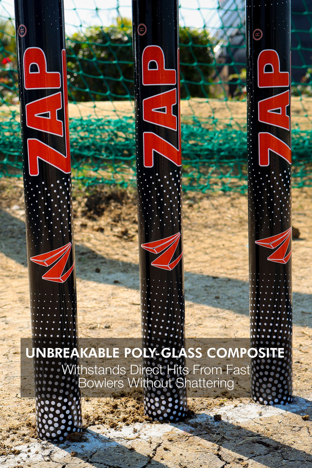 ZAP Apex LED cricket stumps set with glowing red lights bails and tough plastic construction — view 5