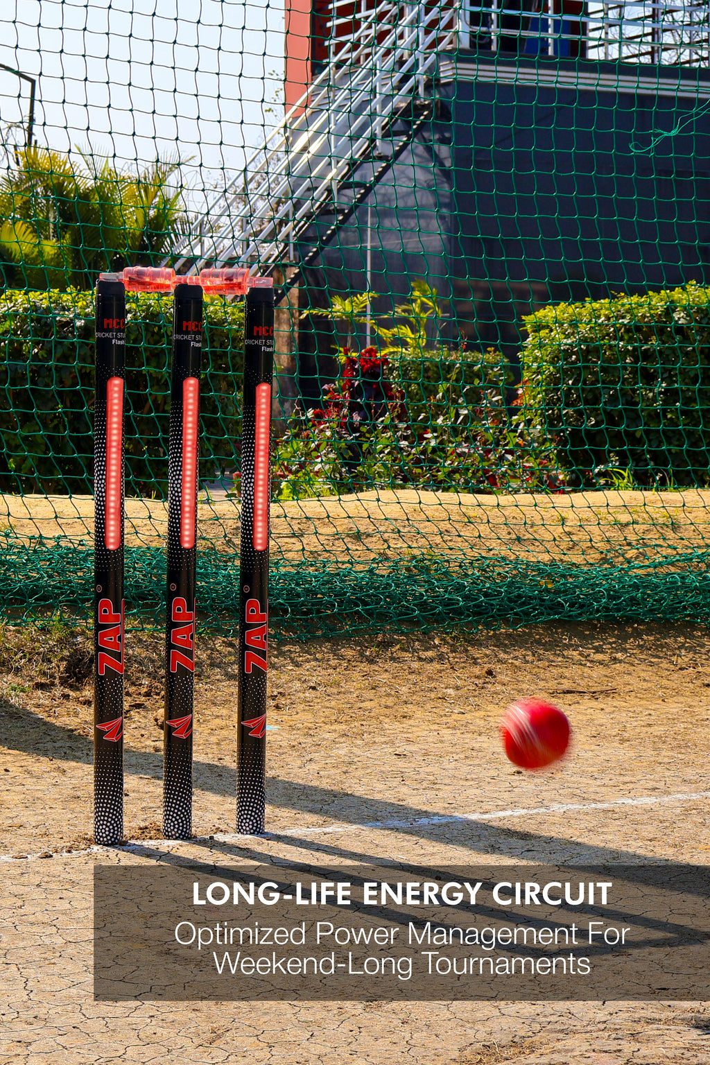 ZAP Apex LED cricket stumps set with glowing red lights bails and tough plastic construction — view 2