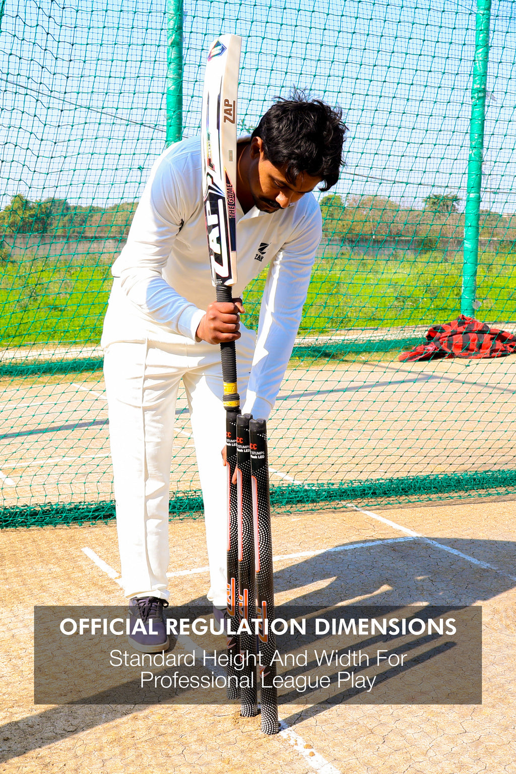 ZAP Apex LED cricket stumps set with glowing red lights bails and tough plastic construction — view 3