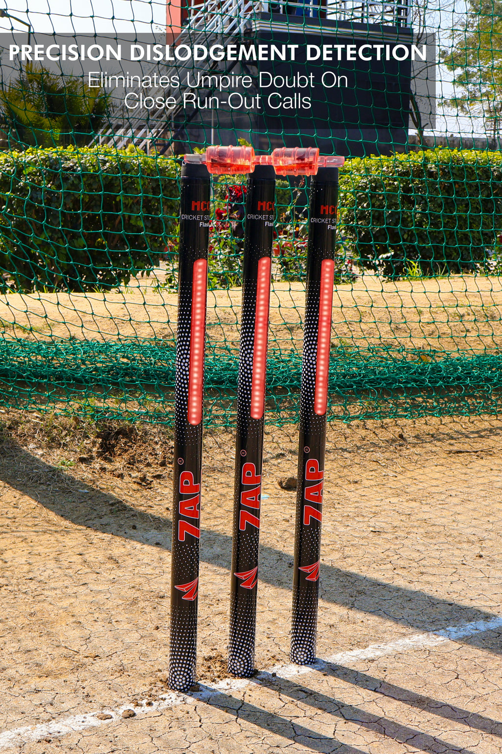 ZAP Apex LED cricket stumps set with glowing red lights bails and tough plastic construction — view 4