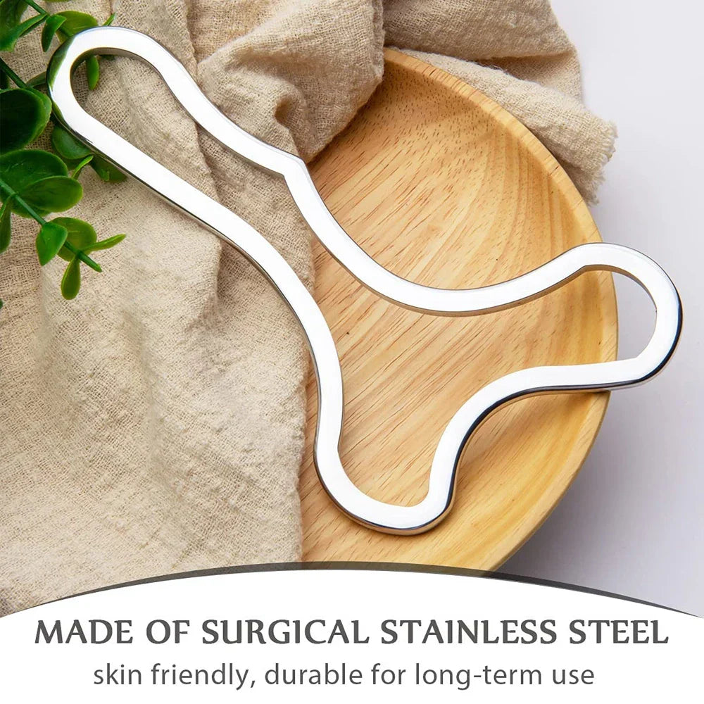 Silver stainless steel Gua Sha scraping massage tool with ergonomic curved edges for body sculpting — view 3
