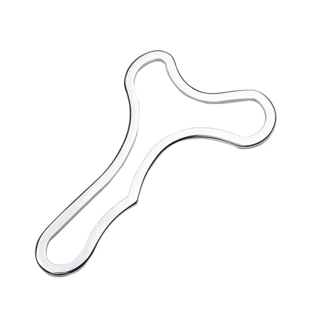 Silver stainless steel Gua Sha scraping massage tool with ergonomic curved edges for body sculpting