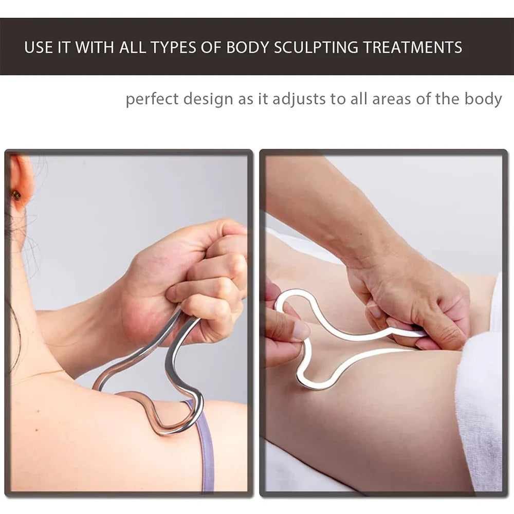 Silver stainless steel Gua Sha scraping massage tool with ergonomic curved edges for body sculpting — view 5