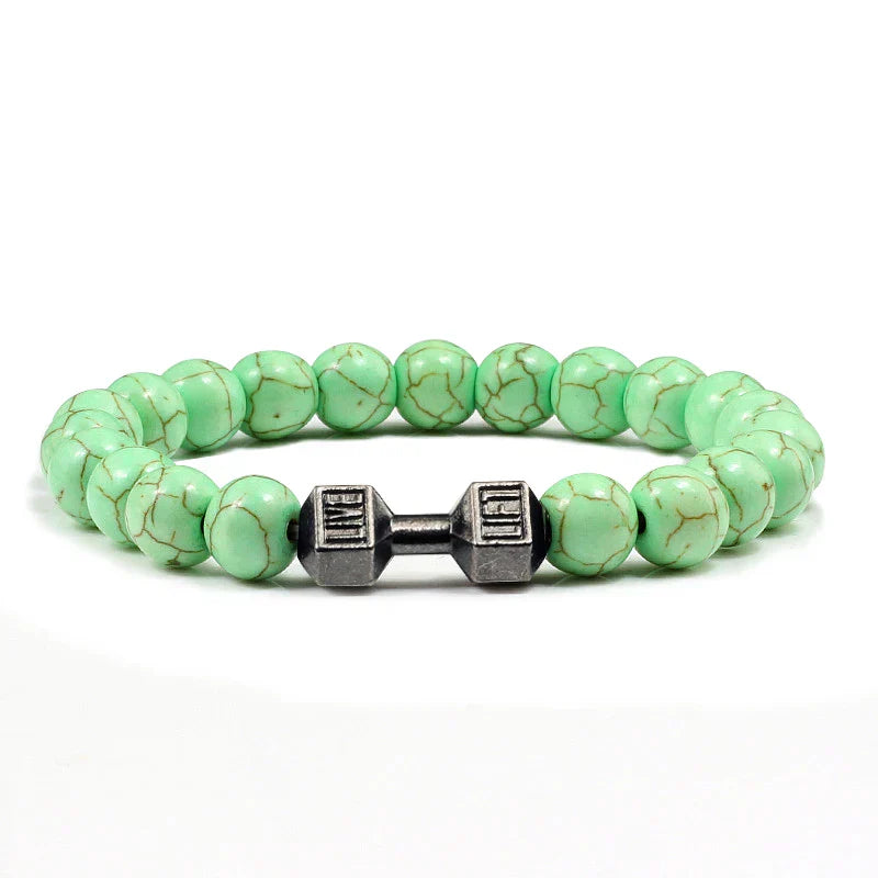Dumbbell bead bracelet featuring natural black stone beads and silver fitness charm — view 4