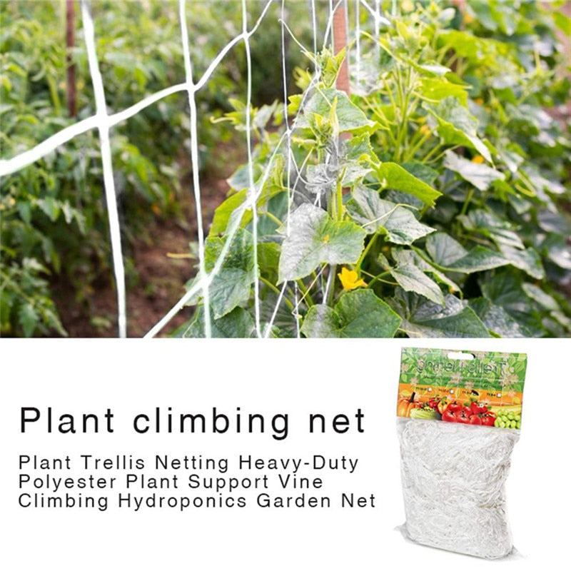 White polyester plant trellis netting supporting green vining vegetable plants in an outdoor garden — view 3