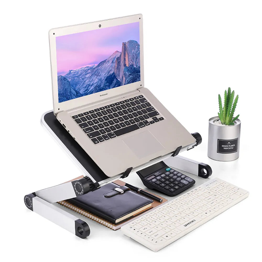 Adjustable aluminum laptop stand with an integrated mouse pad, set up as an ergonomic portable lapdesk — view 4