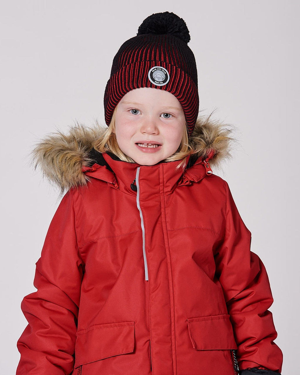 Lined Knit Pompom Hat Red And Black-1