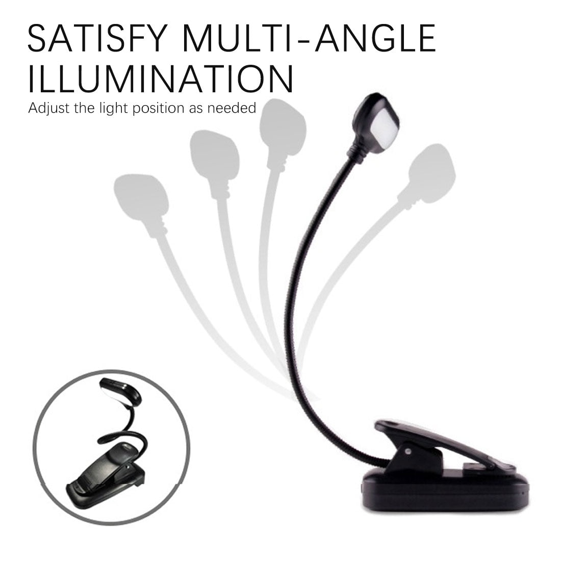 White ABS LED clip-on reading lamp emitting bright white light for study and nighttime reading — view 3
