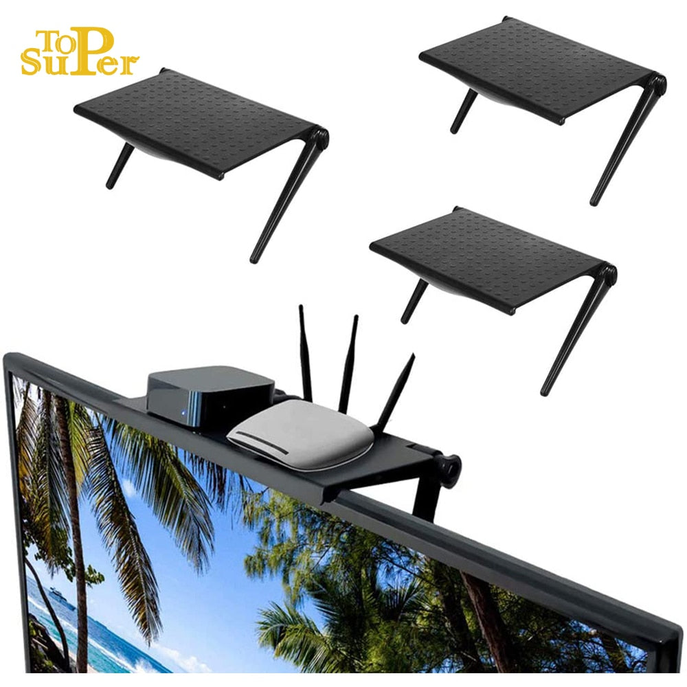 Adjustable screen top storage shelf for computer monitors and TVs in sleek ABS plastic — view 2