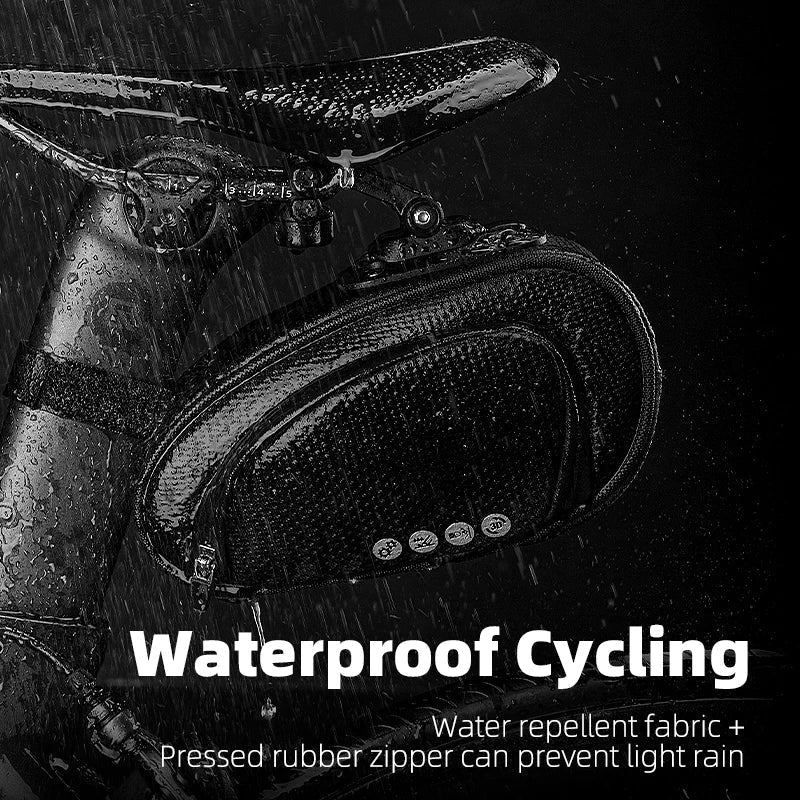Black rainproof bike saddle bag featuring shockproof padding and quick release bracket mounted under bicycle seat — view 3