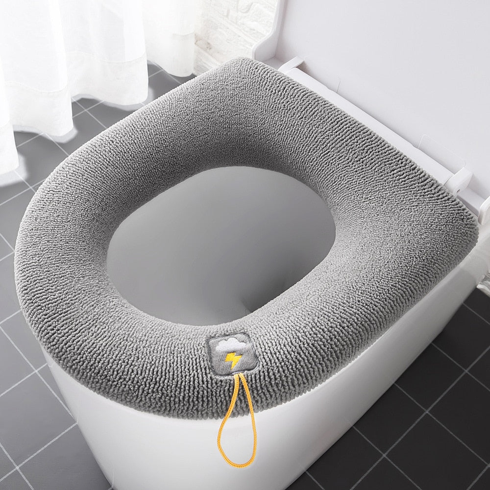 Gray thick plush winter warm toilet seat cover mat in soft polyacrylonitrile fiber — view 3