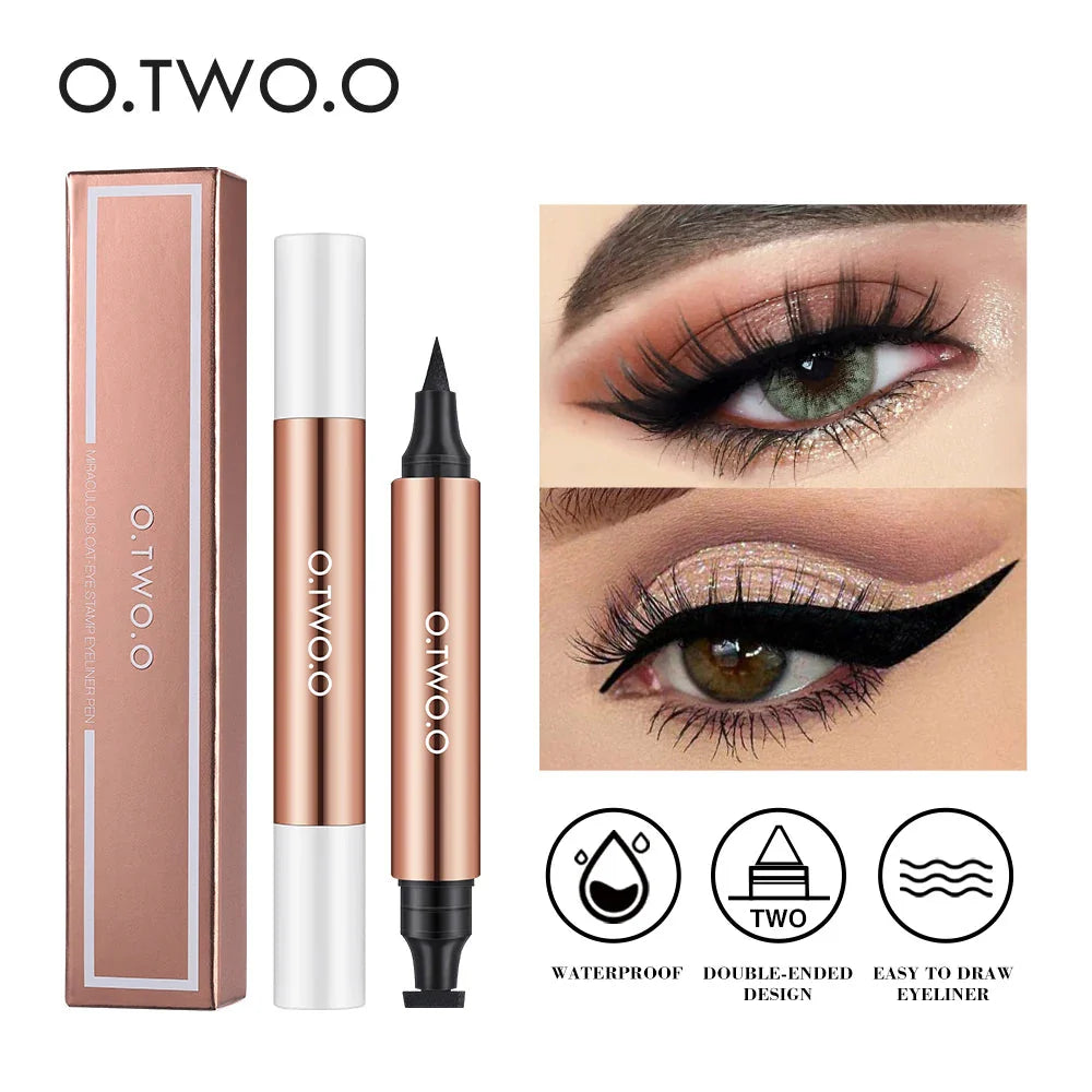 Black double-ended liquid eyeliner stamp pen with precision tip and wing stamp applicator