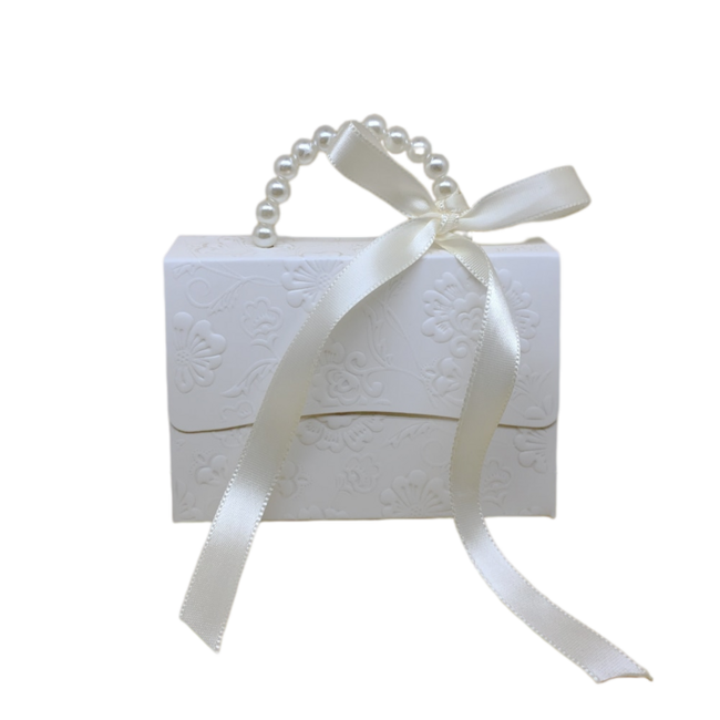 Marble pattern party favor gift boxes with faux pearl handles and decorative ribbons.